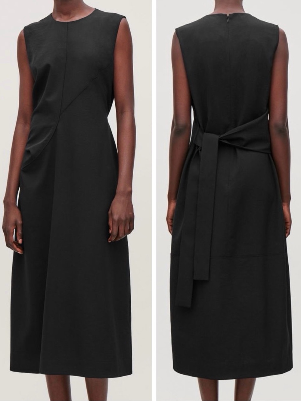 COS 100% Wool Black Tie-Back Sleeveless Midi Dress, Size 4